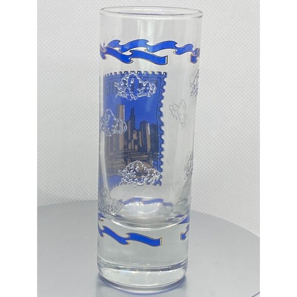Vintage Tall Chicago Blue And Gold Shot Glass w/ embossed raised pattern clouds - Picture 3 of 3